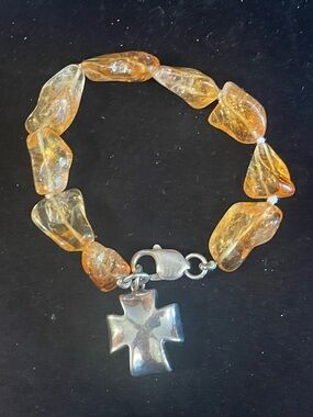 Sterling Silver Religious Cross Bracelet. Chunky Brown/Gold Stones. 6.5 Inches.